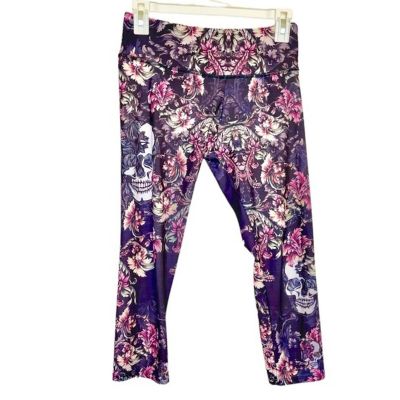 Womens Cropped leggings Floral Skeleton Print Sz Small Workout Activewear Yoga